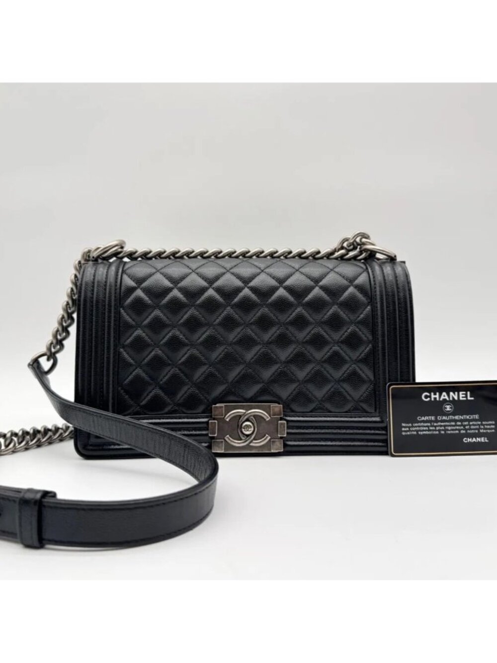 Chanel Shoulder Bag Quilted Black Leather CC Logo Silver